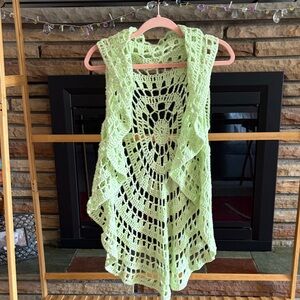 Light Green Crochet Open-Front Vest - Feminine Layering Piece